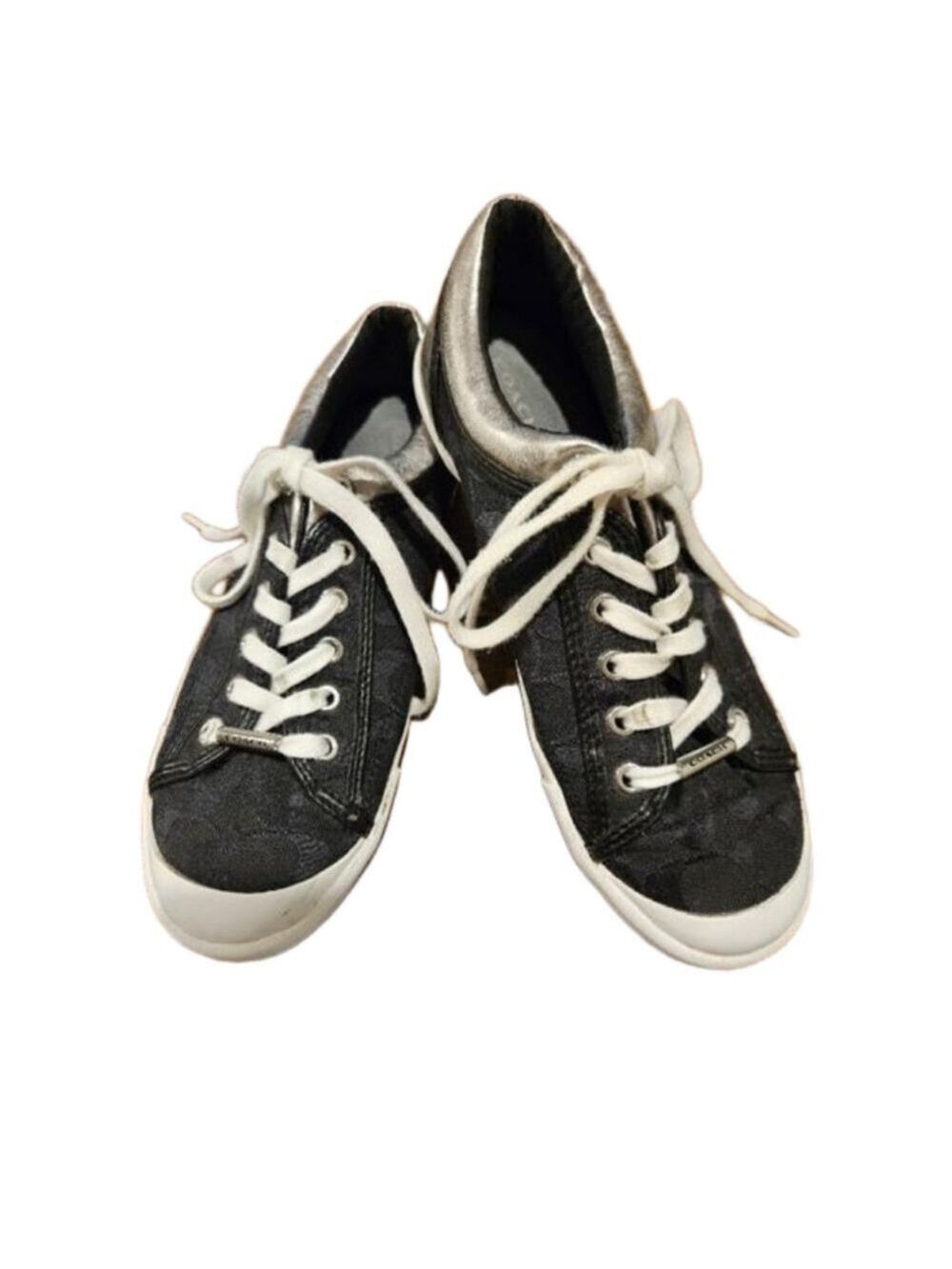 COACH WOMEN'S FRANCESCA SIGNATURE C BLACK CANVAS LOW TOPS SILVER TRIM SIZE 8